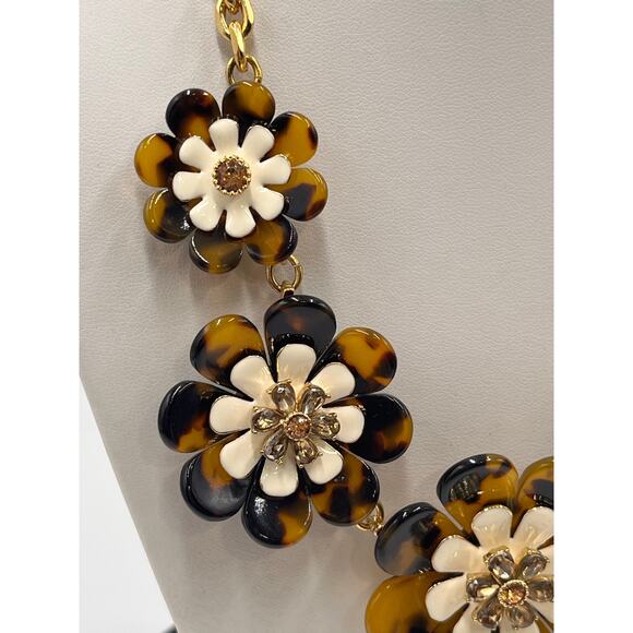 Talbots Layered Brown Tortoise Floral White and CZ Flower Necklace New - Picture 2 of 10